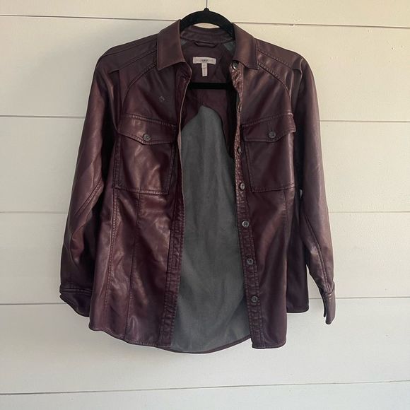 Rebecca Taylor Maroon Faux Vegan Leather Button Down - Picture 2 of 6